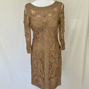 Sue Wong Intricate Lace Long Sleeve Dress in Brown